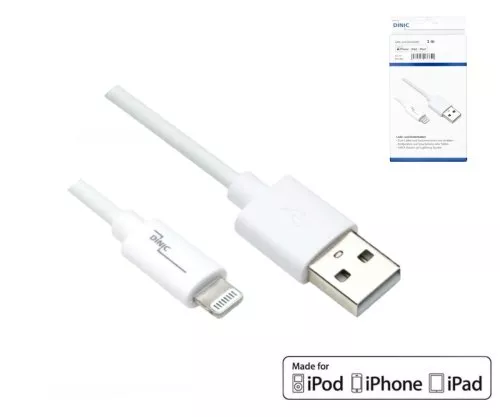 USB A-"Lightning" kabelis, 1 m, baltos spalvos, DINIC dėžutė